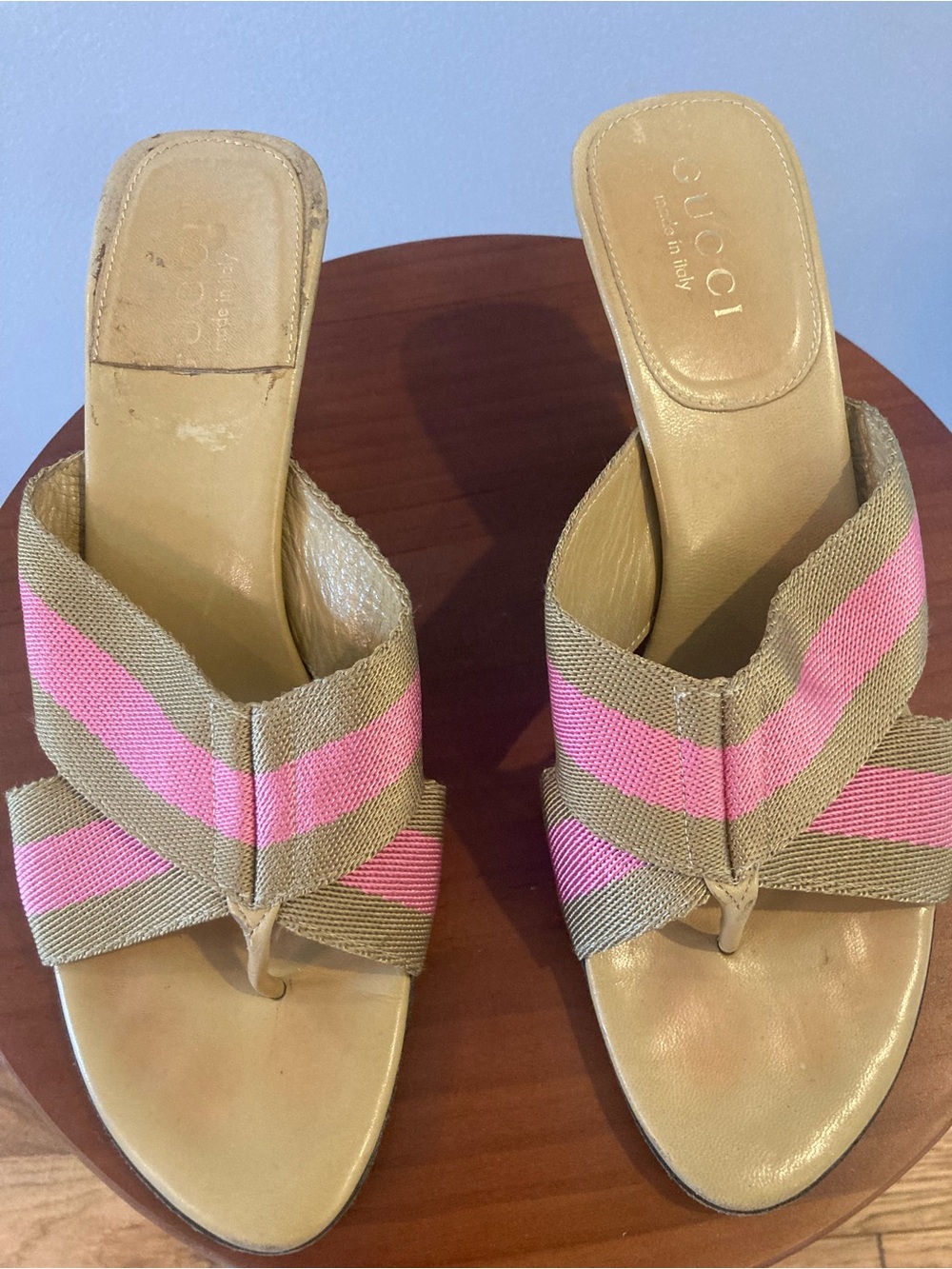 Gucci Pink and Tan Striped Webbed Slide Thong Mules 7 1/2 B